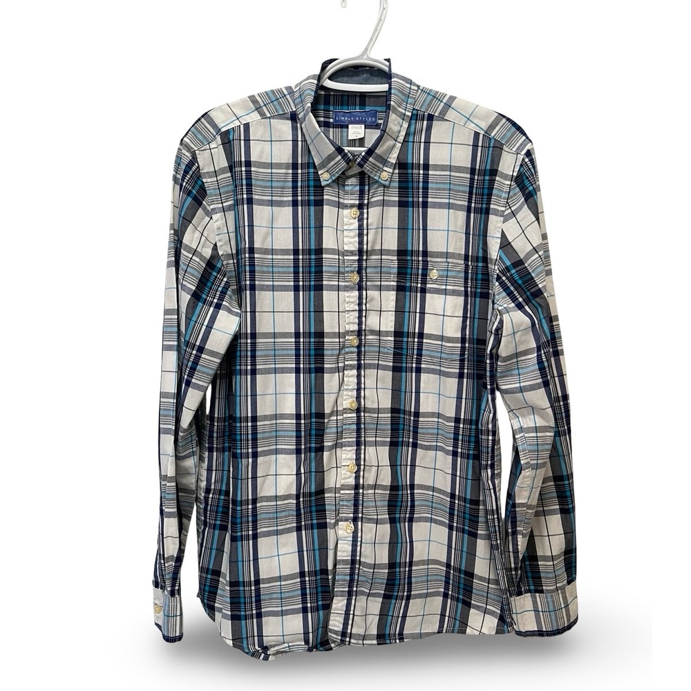 Simply Styled Mens Blue Plaid Long Sleeve Button Down Shirt Medium